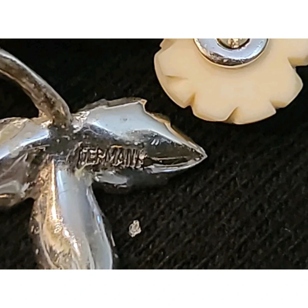 Vintage Sterling Germany Marcasite Carved Bovine Rose Flower Brooch Pin 2 1/2
